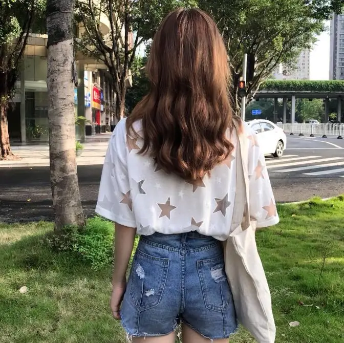 2018 new summer star hollow out loose mesh t-shirt | Женская одежда