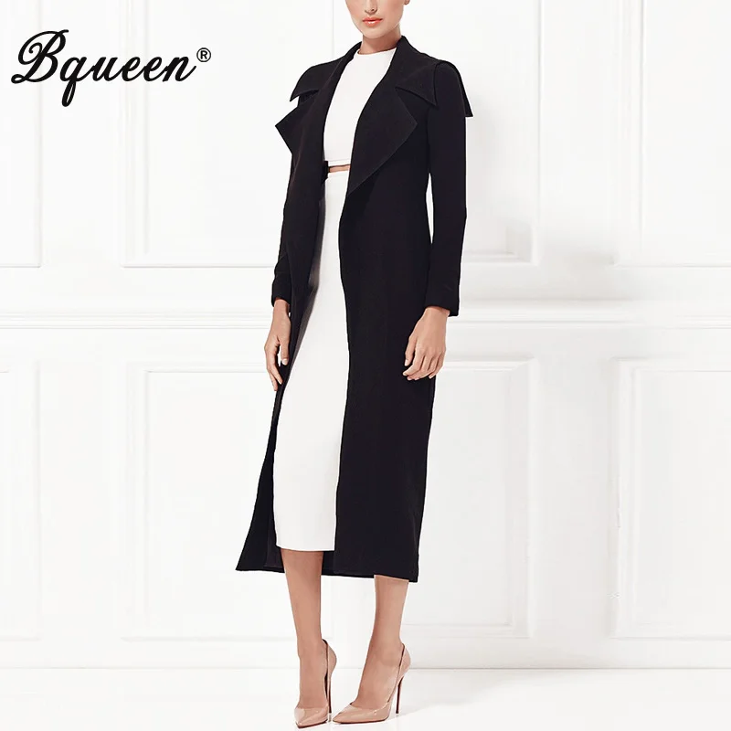 Женское длинное пальто с отложным воротником Bqueen черное базовое открытым