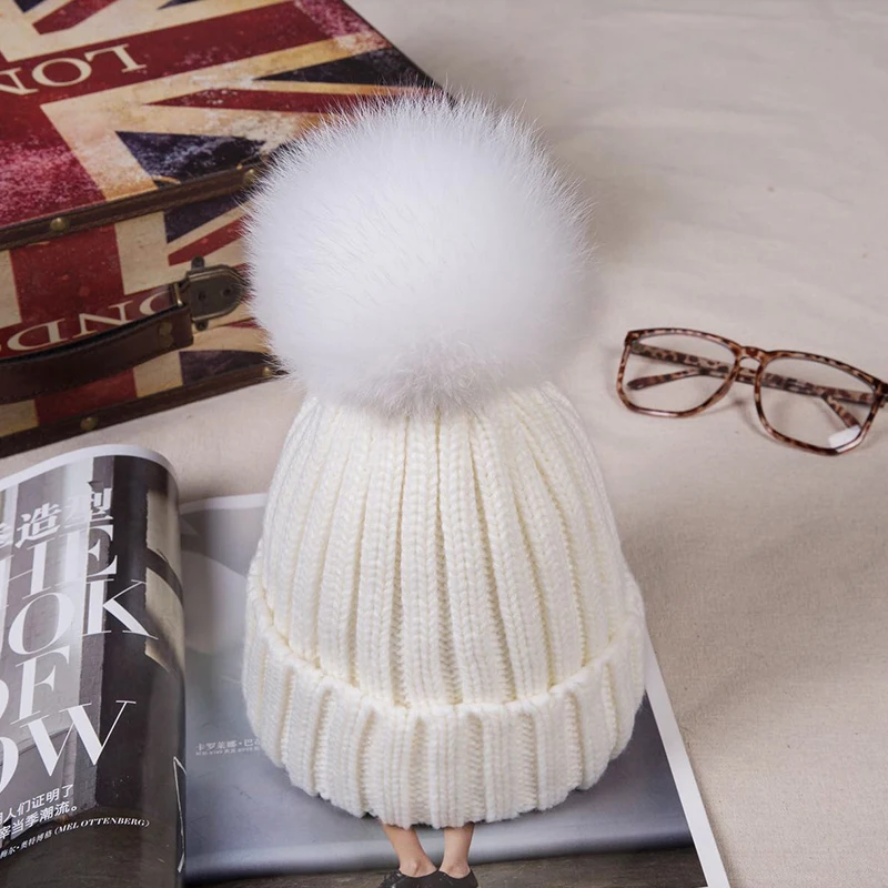 Женская зимняя шапка с помпонами из натурального Лисьего меха теплая шерсти для