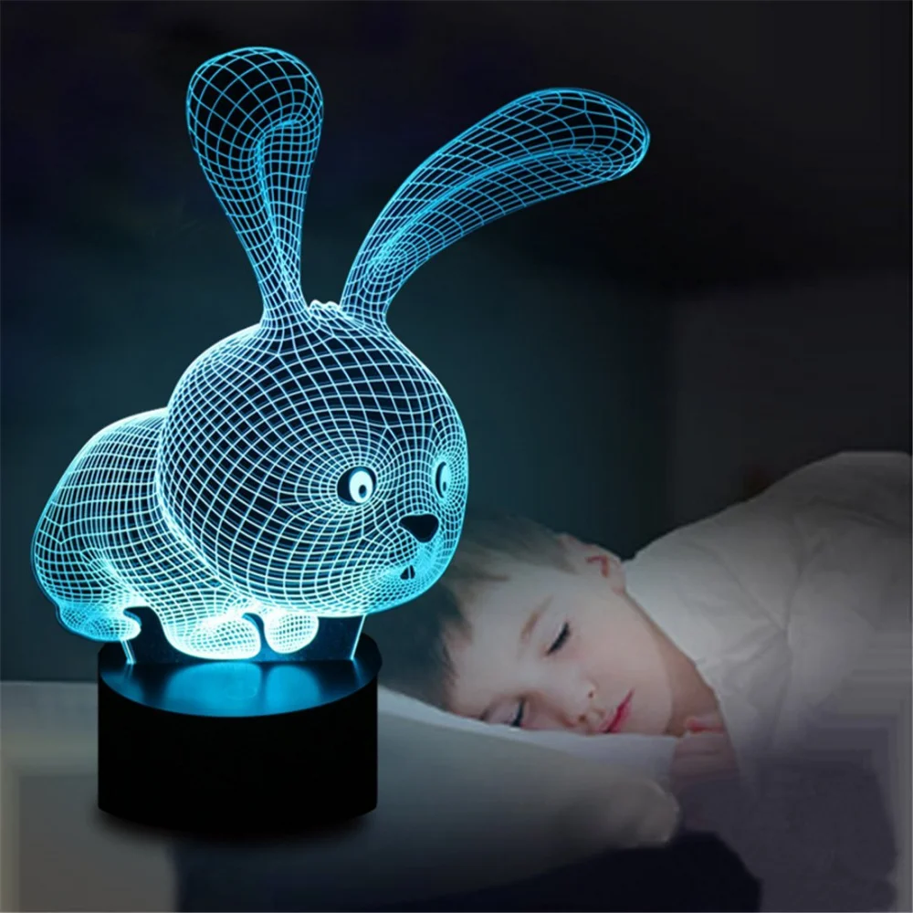 Мультфильм ночник rgb led кролик 3D Оптические иллюзии лампа fzai 7 цветов Изменение