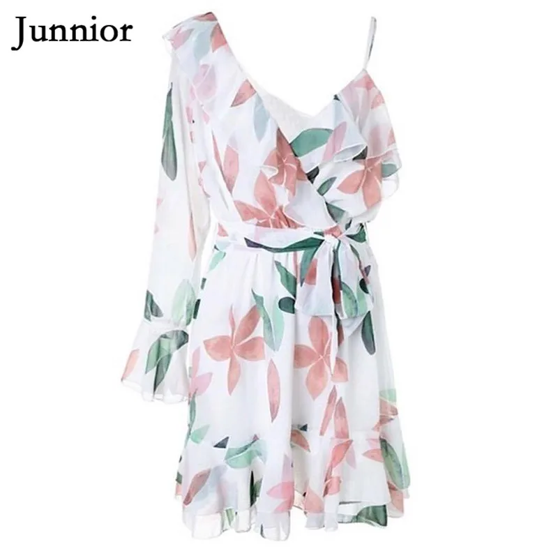 Junnior Asymmetrical Sleeve Chiffon Dress for Women Mini Floral Beach Wear V-neck High Waist Holiday Boho Dresses Modis Mujer | Женская