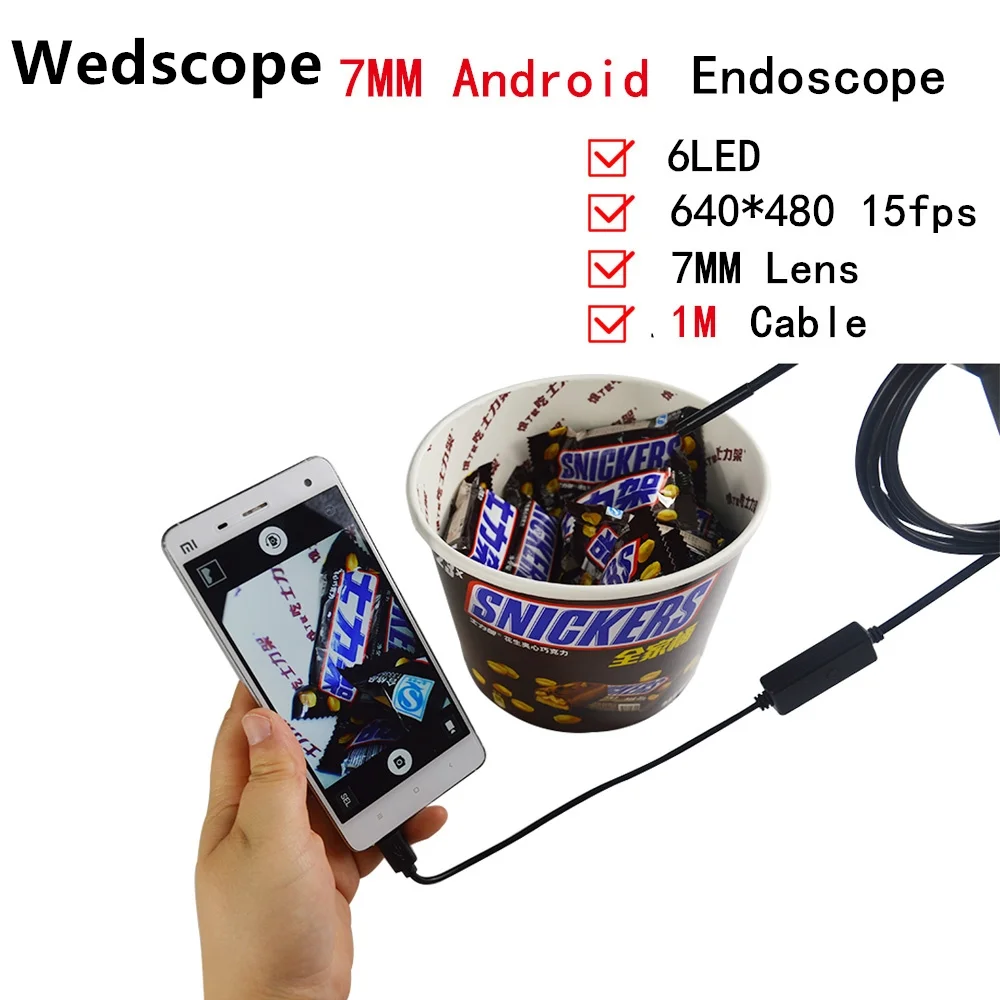 Wedscope 7 мм 1 м USB эндоскопа инспекционной Камера подводный endoscopio Tube Змея 6LED для