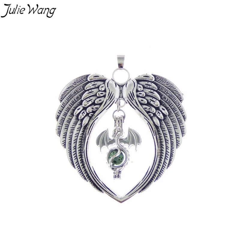 

Julie Wang 1PCS Antique Silver Color Big Angel Wing Pendant Small Dragon Cage Locket Charm Scented Necklace Women Men Jewelry