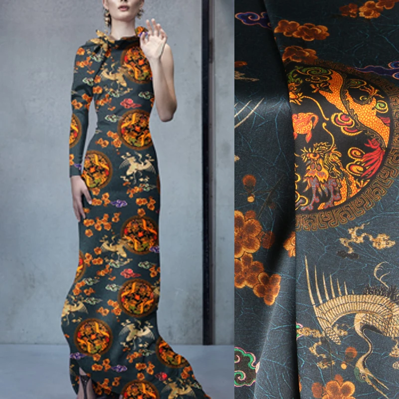 

118CM Wide 19MM 93% Silk & 7% Spandex Chinese Style Print Stretch Silk Satin Fabric for Summer Dress Clothes Cheongsam D1066