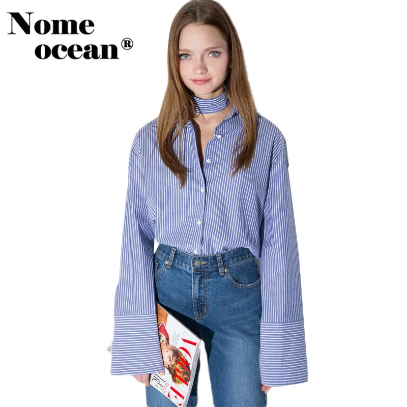 Синие и белые полосатые блузки с воротником-бабочкой широкие манжеты женские