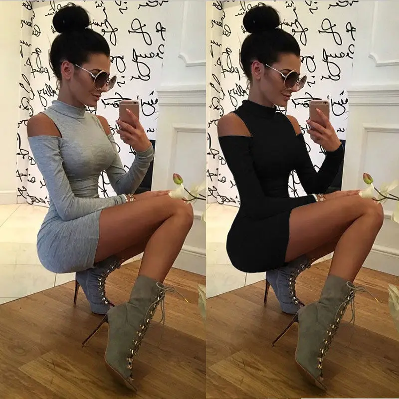 2018 Fashion Women's Solid Dresses Sexy Hollow Out Long Sleeve Turtle Neck Bodycon Strechy Party Vestidos Autumn Clothings | Женская