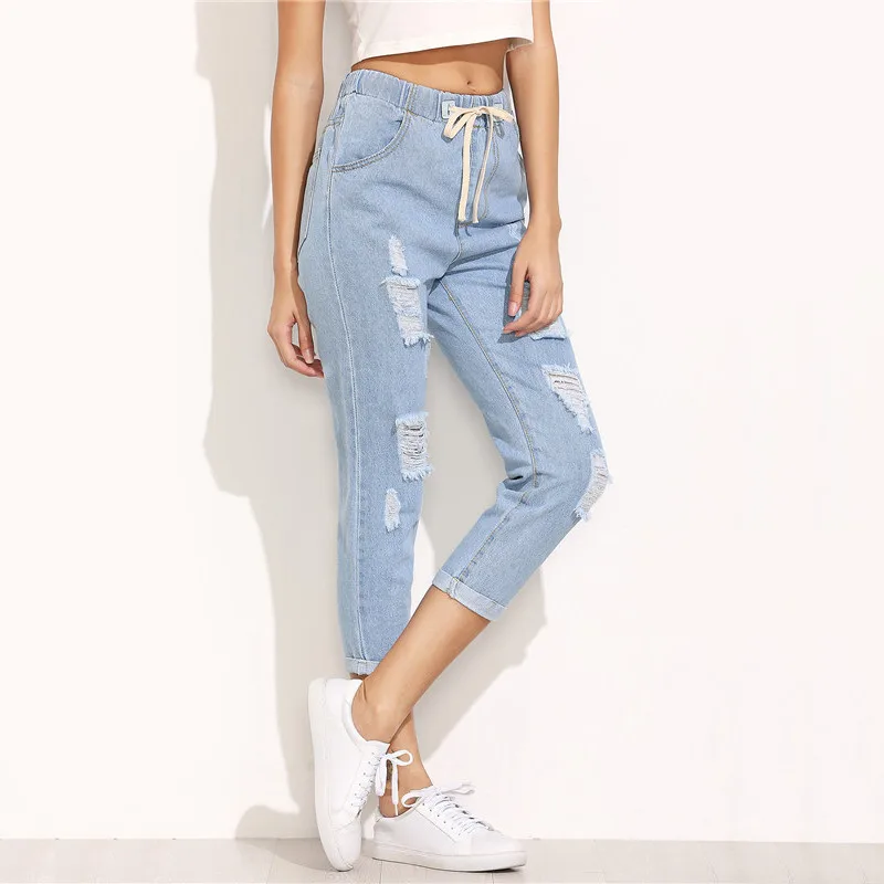 SHEIN Синие Рваные Джинсы Женские Весенние Повседневные Джинсовые Брюки С Карманами И Поясом