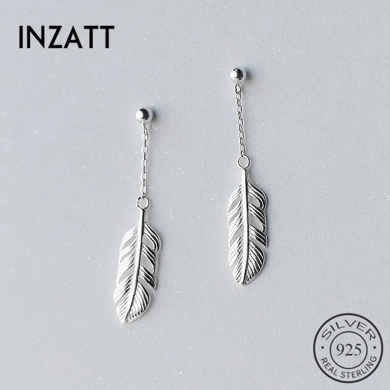 INZATT, элегантные, настоящее 925 пробы, серебряная цепочка, кисточка, полое перо, висячие серьги, хорошее ювелирное изделие, женские аксессуары для бохо