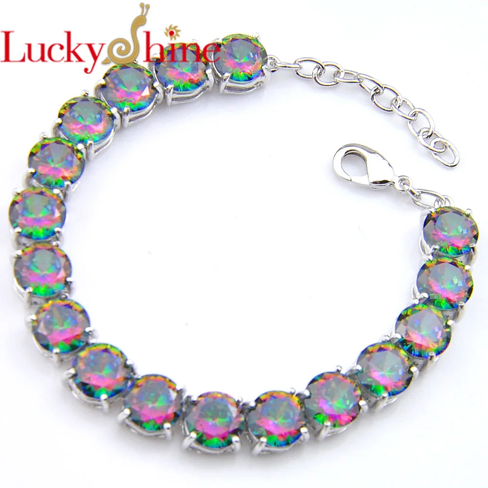 

Luckyshine high quality Gorgeous Mystic Rainbow Round Crystal Cubic Zirconia Silver Woman Fashion Bracelets Bangles NEW