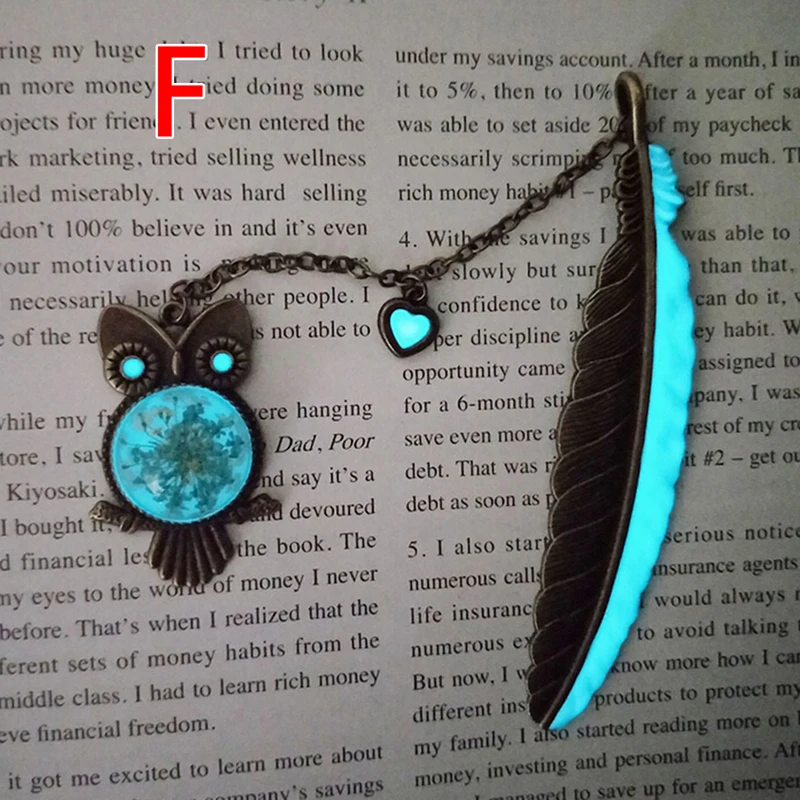 F 10 видов стилей светящаяся Сова наклейка-закладка для чтения Закладка-перо аксессуары для офиса милый светится в темноте закладки - Цвет: F