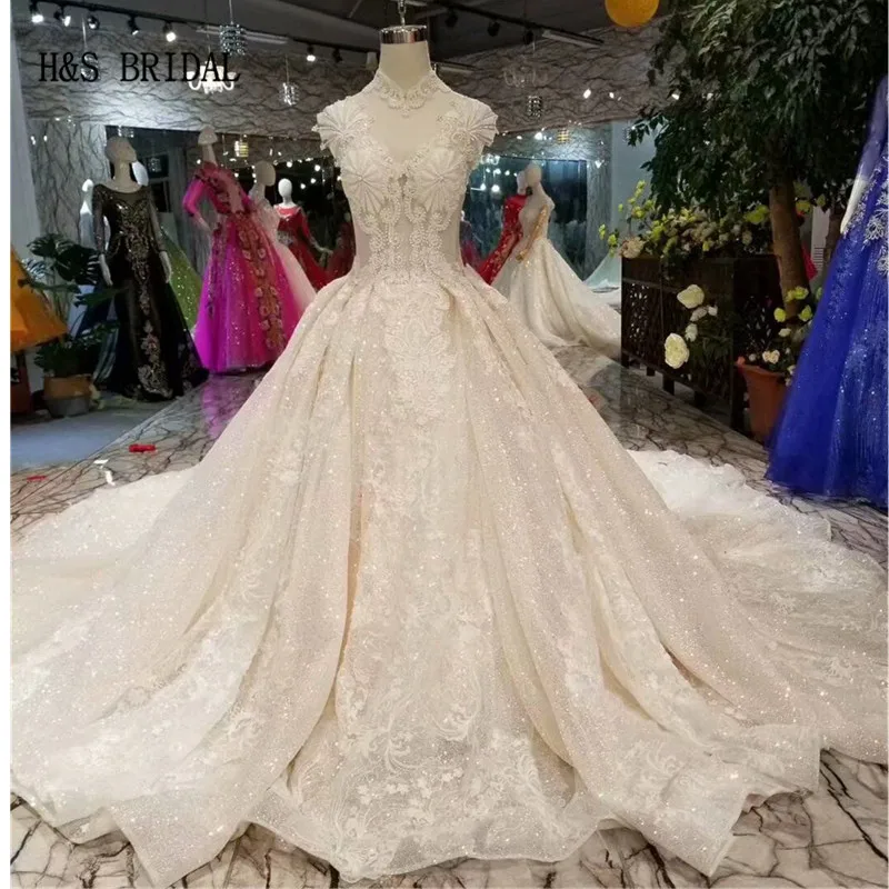 H&ampS BRIDAL Ivory high neck wedding dress ball gown shinny dresses long bride vestido de novia | Свадьбы и торжества