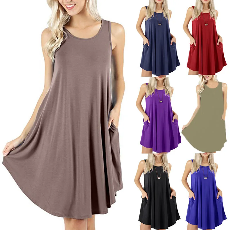 

Women Fashion Sleeveless Pocket Casual Vest T-shirt Swing Summer Dress Solid Colors Sleeveless Dress Beach Vestidos WHOLESALE