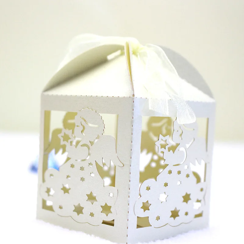 

Free shipping 50pcs/lot hollow Angel star baby shower box Gift Box Pearl Paper Candy box Romantic mariage Party Wedding Favor