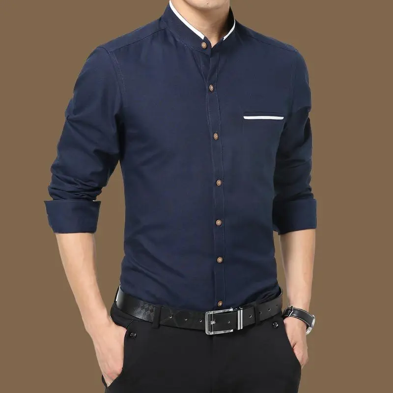 2020 Mens Cotton Shirts Long Sleeves Stand Collar Casual Male Shirt Slim Fit Dress Long-Sleeve Camisa Hombre M-5XL | Мужская одежда
