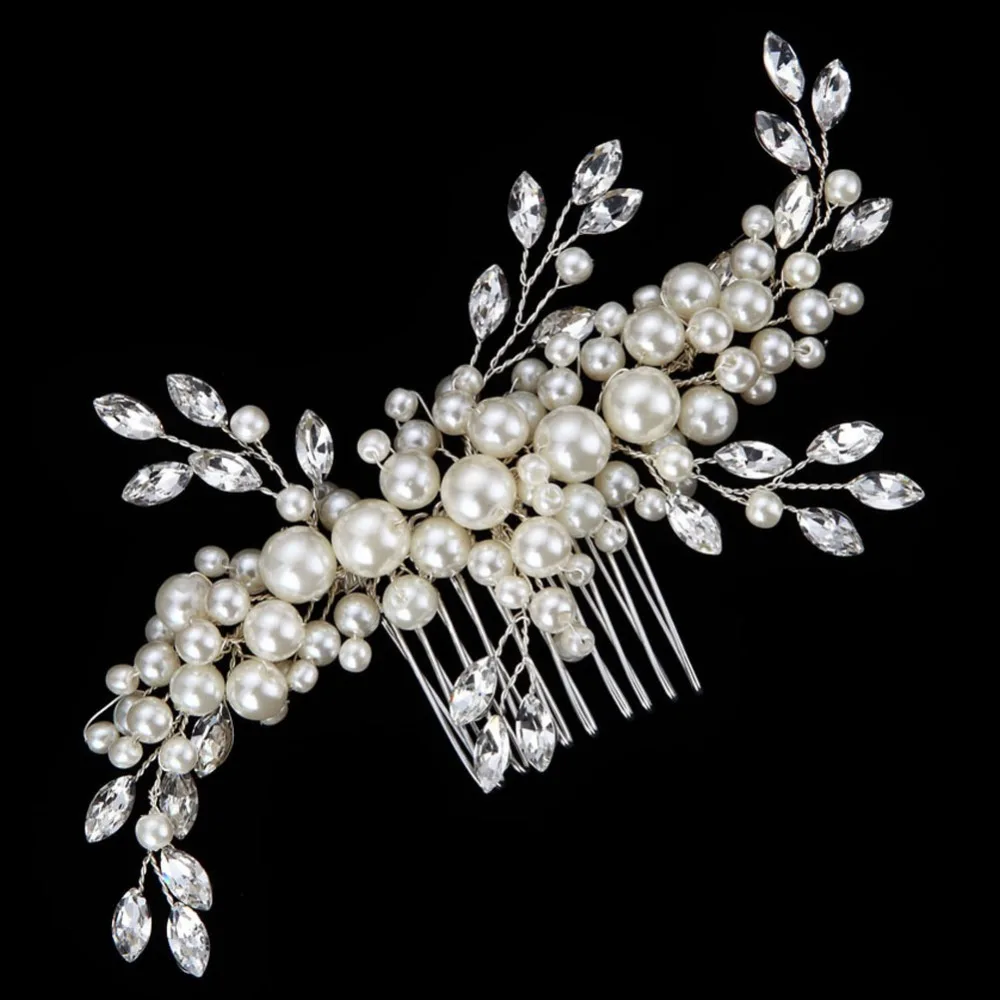 

SLBRIDAL Silver Color Rhinestones Crystal Pearls Wedding Hair Comb Bridal Headpieces Beaded Hair accessories Bridesmaids Women