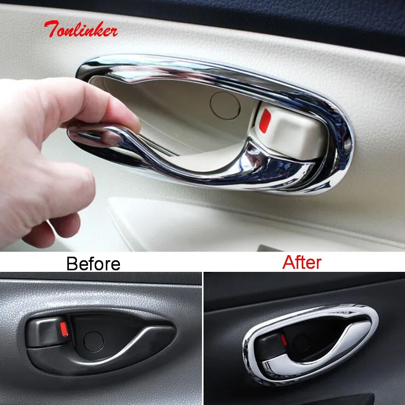 

Tonlinker Interior Car door Handle Cover Case for Toyota Vios/Yaris 2014-18 Car Styling 4 PCS ABS Chrome Cover stickers