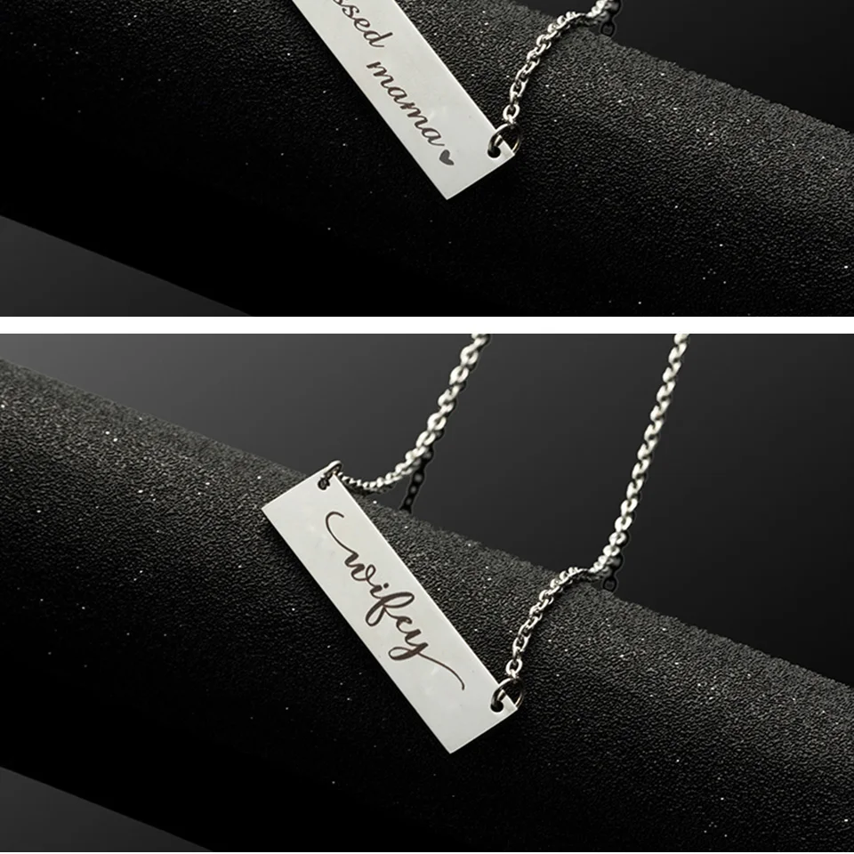 Laser Words Engrave Stainless Steel Collar Pendant Bar Necklace Christmas Present Gift for Mom Mama Wife Jewelry Accessories