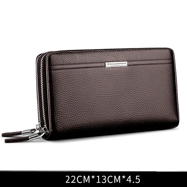 coffee big WILLIAMPOLO Leather Vintage Solid Clutch Bag Phone and Card Brand Mens Wallet Double Zipper Genuine Leather Handy Bag Purse - Цвет: coffee big
