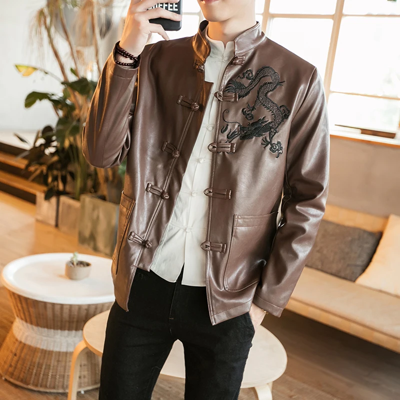 2019 осень зима китайский стиль Вышитые Slim fit Кожаные куртки коричневый и черный