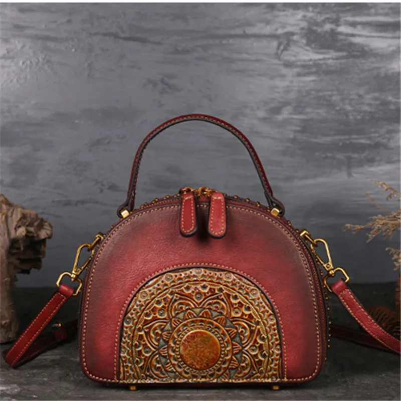

Nesitu Shell Shape Vintage Brown Red Green Genuine Leather Small Women Handbags Female Lady Shoulder Messenger Bags M3205