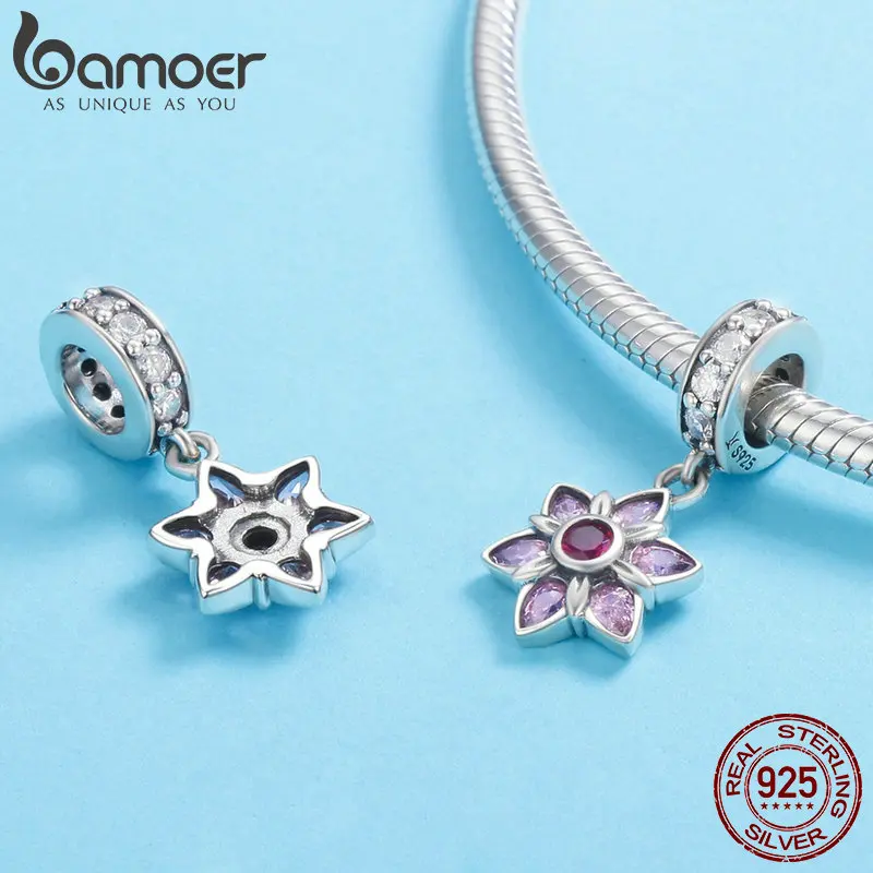 BAMOER 925 пробы серебряный кулон розовый кристалл весенний цветок розовый CZ Шарм подходит браслет и ожерелье ювелирные изделия SCC840