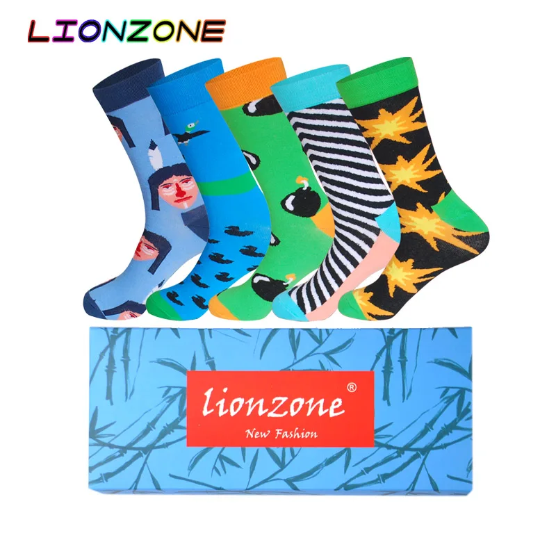 LIONZONE 5 пар/лот смешные мужские носки и женские нейтральные хлопковые лиса волк