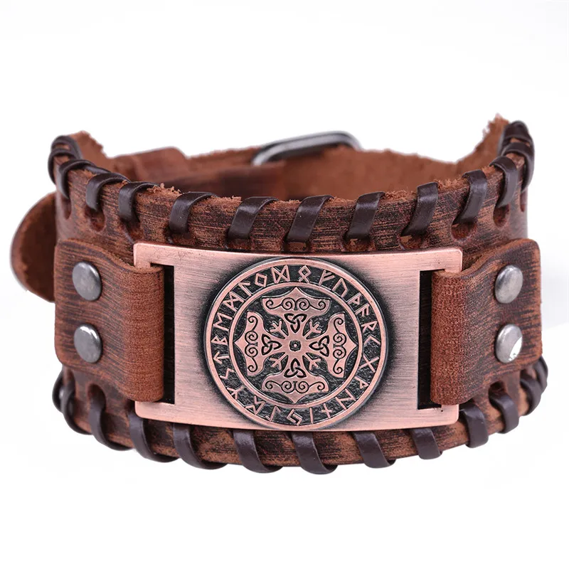 brown antique copper Skyrim мьельнир Тора молоток манжета Широкий кожаный браслет Norse 24 руны Ирландский Узел Викинг славянский символ Панк ювелирные изделия регулируемый - Окраска металла: brown antique copper