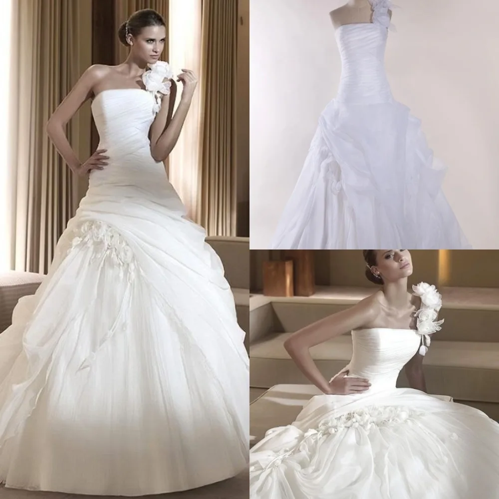 8 Hot Sale Sexy Wedding Dress Bride Party Gowns Ball Gown One Shoulder Flowers Sleeveless Organza Vestidos De Novia | Свадьбы и