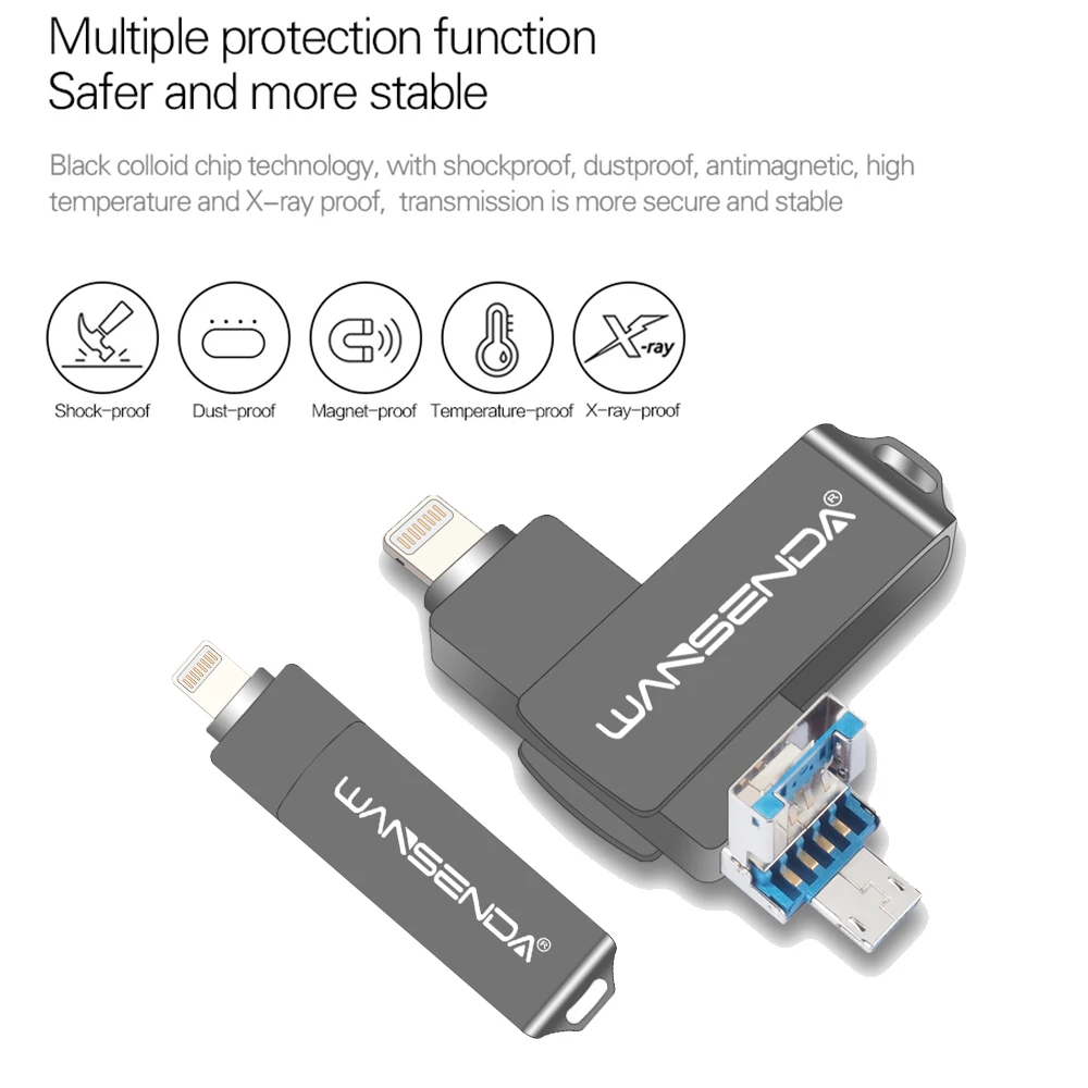 WANSENDA 3 в 1 флеш-накопитель USB 0 для iPhone/iPad IOS/Android/PC высокоскоростная Флешка 64 ГБ 32 16 OTG