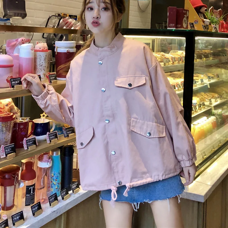 

Outerwear Crop Bomber Jacket Women Patch Long Sleeve Autumn Jacket Female Pocket Pin Buckle Single-breasted Streetwear Jacket