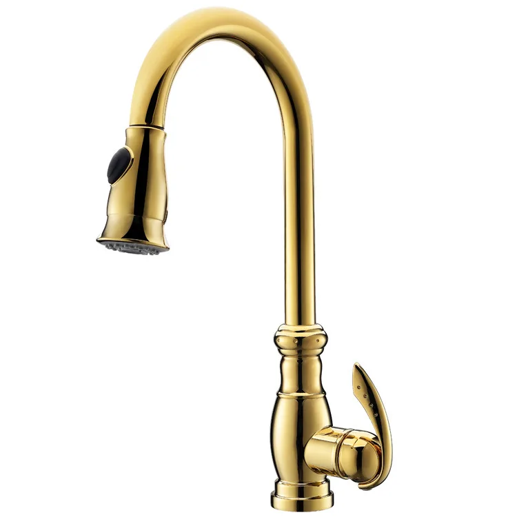 

Kitchen Faucets Brass Polished Gold Basin Faucet Pull Out Single Handle Single Hole Sink Crane Taps Hot Cold Deck Mounted WRF032