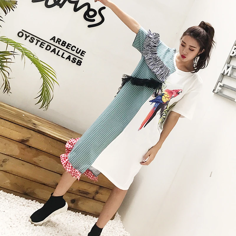 Лето Асимметричный в полоску платье В лоскутном стиле для Для женщин пикантные