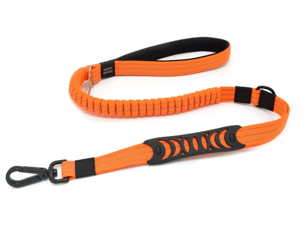 Retractable Dual Handle Dog Leash with Car Safety Buckle- Heavy Duty Shock Absorbing Reflective Bungee Dog Leash
