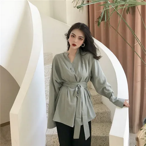 2019 Retro Lazy Style Camisa Feminina Pure Color Tie Slim Waist V Neck Lace Up Top Medium Length Long Sleeves Shirt Loose |