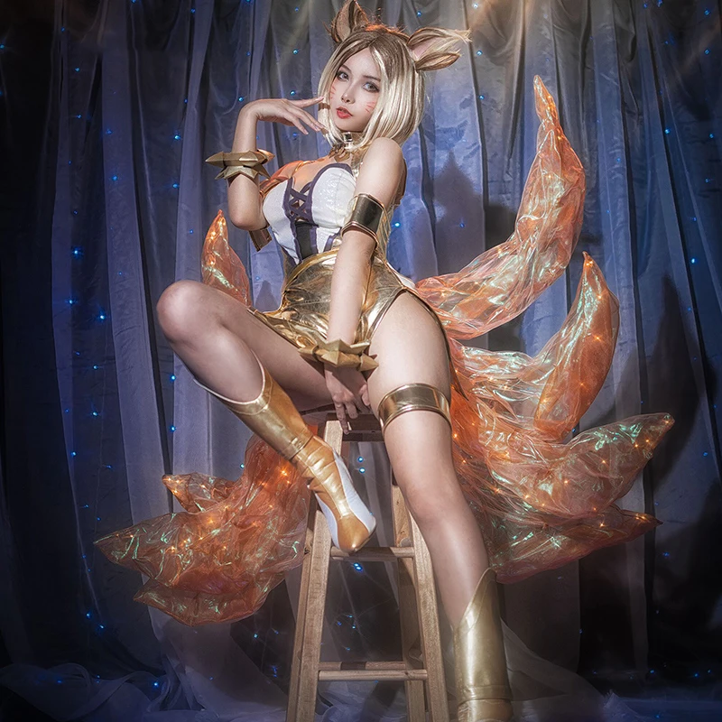 Аниме! Игровой костюм LOL KDA K/DA для девушек золотистый боевой Ahri сексуальное платье