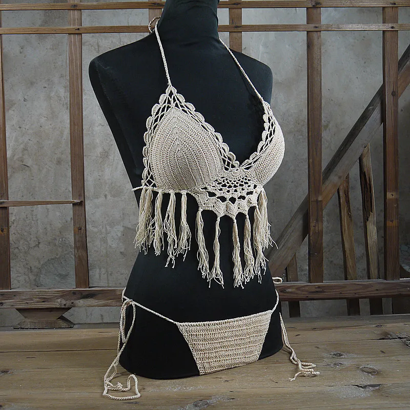 Черно-белое вязаное крючком бикини 2017 укороченный топ купальник для женщин