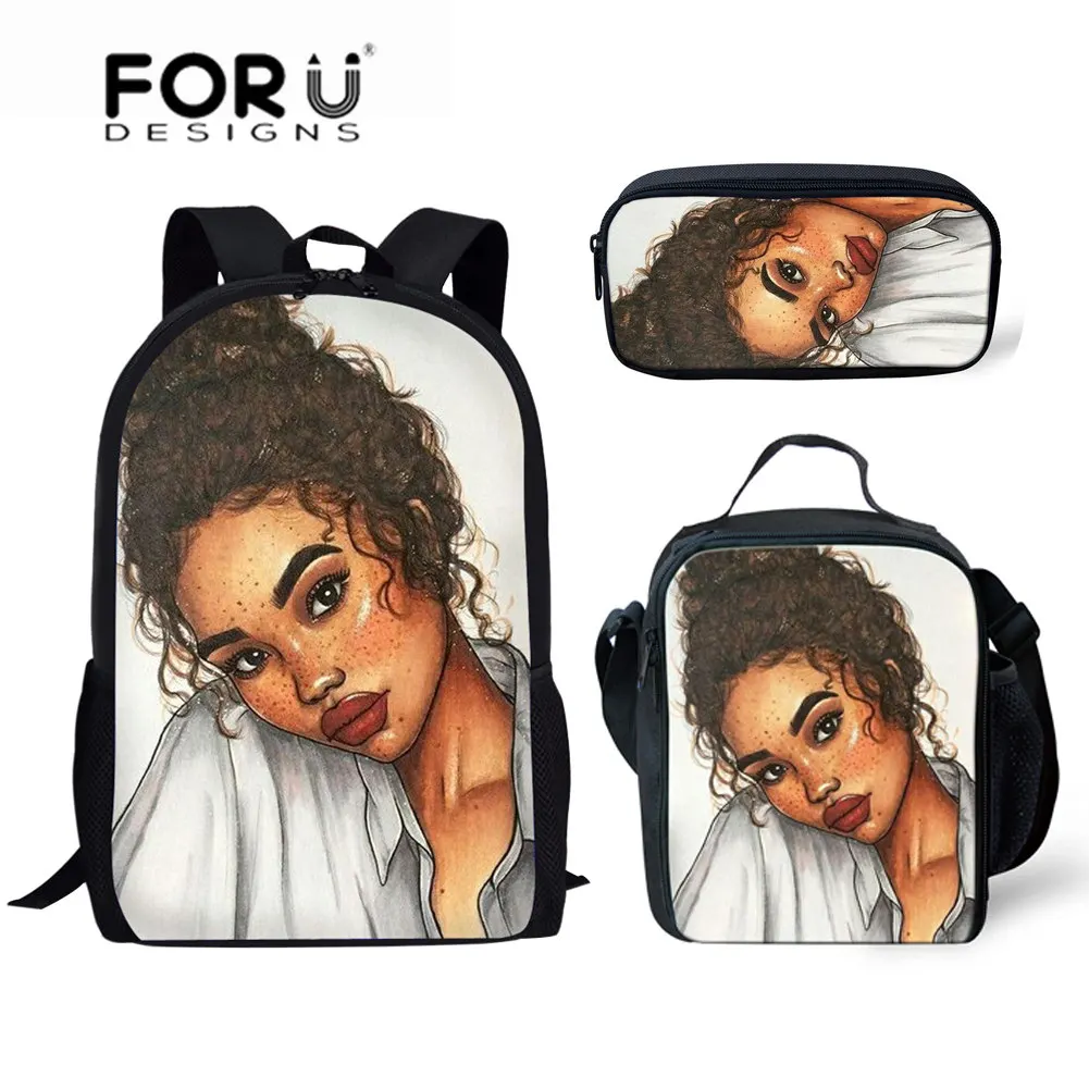 

FORUDESIGNS 3 шт./компл. черные школьные рюкзаки с принтом афроамериканской девушки, женский рюкзак на плечо, Детская сумка, детский рюкзак