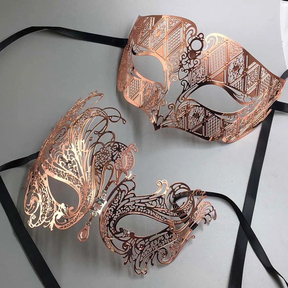 Женская и мужская блестящая маска цвета розового золота с лазерной вырезкой|prom