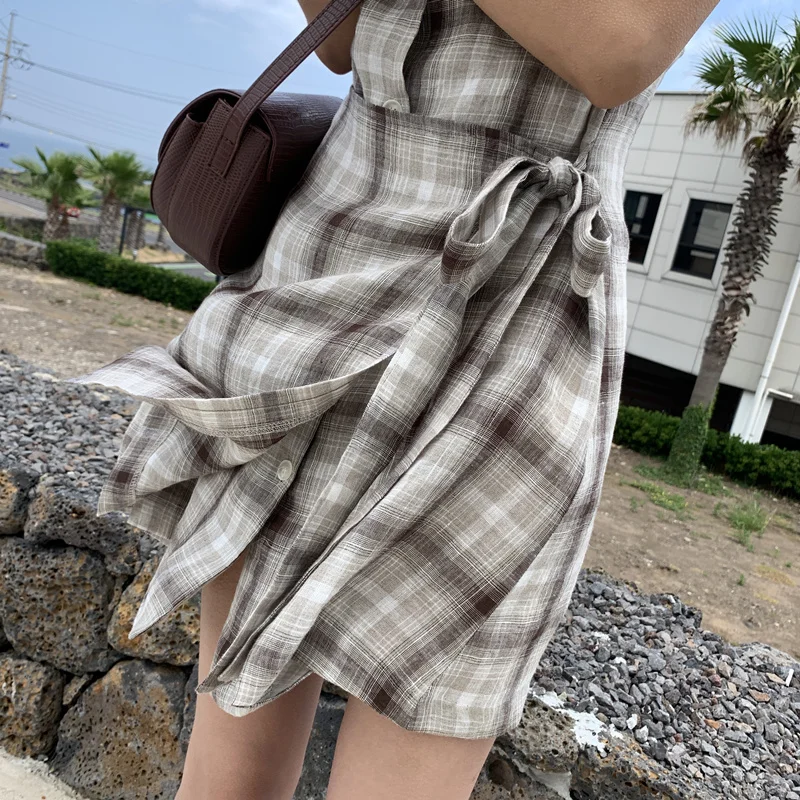 Mishow Элегантное красивое однобортное платье в офисном стиле с поясом клетку