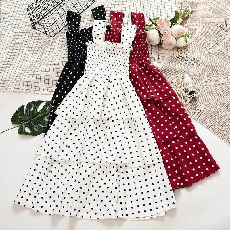 SKOONHEID Для женщин точка Ruched платье на бретелях Винтаж богемный многоуровневого