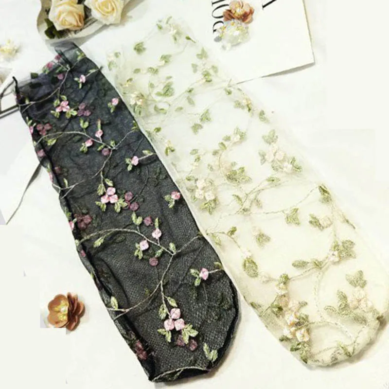 [EIOISAPRA] ультра тонкие прозрачные блестящие сетчатые носки с вышитыми цветами