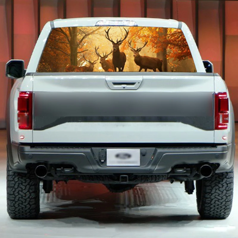 

1 PC 135*36cm Elk in Forest Rear Window Mesh Stickers Christmas Car Accessories for SUV Pick-up High Beam Protect