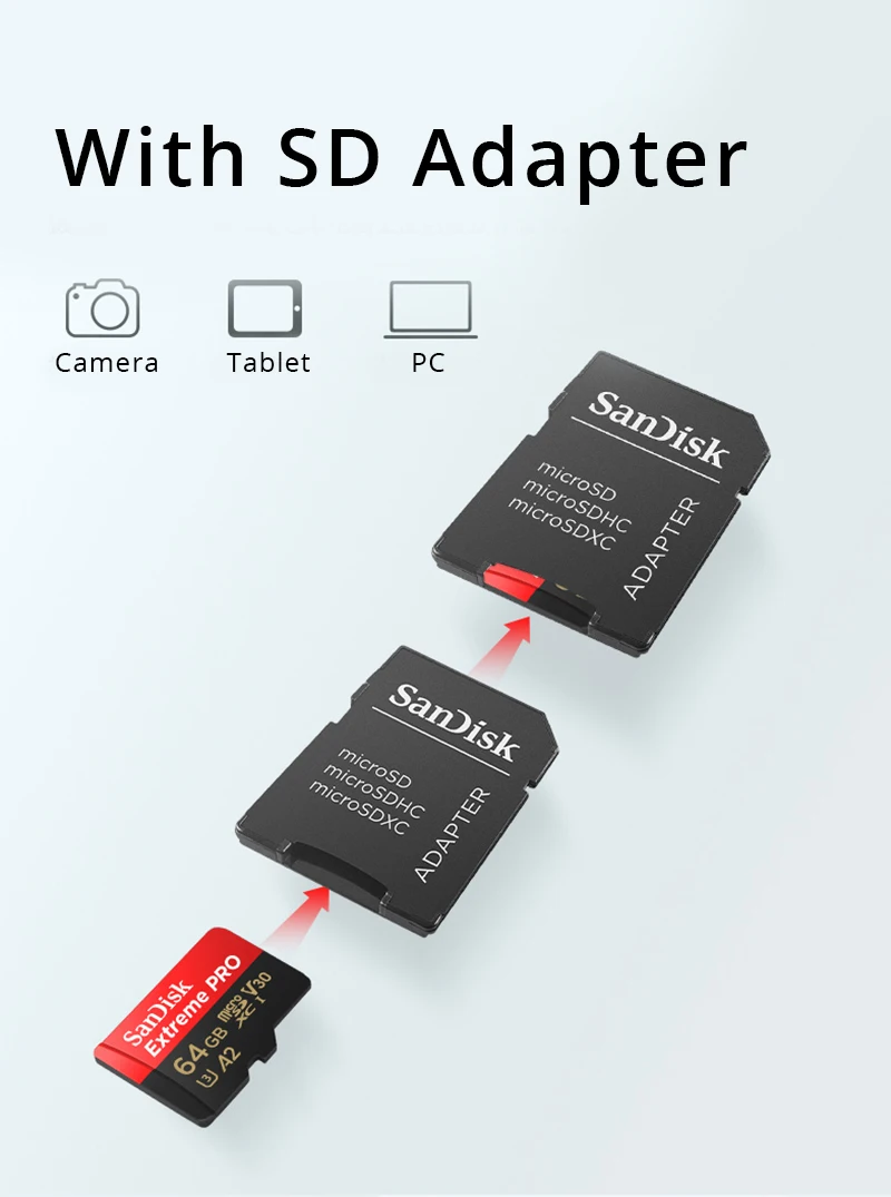 Карта памяти SanDisk 64GB Extreme PRO Flash 256GB tf-карта 128GB MicroSD карта UHS-I U3 C10 V30 A2 4K UHD 170 МБ/с. с адаптером SD