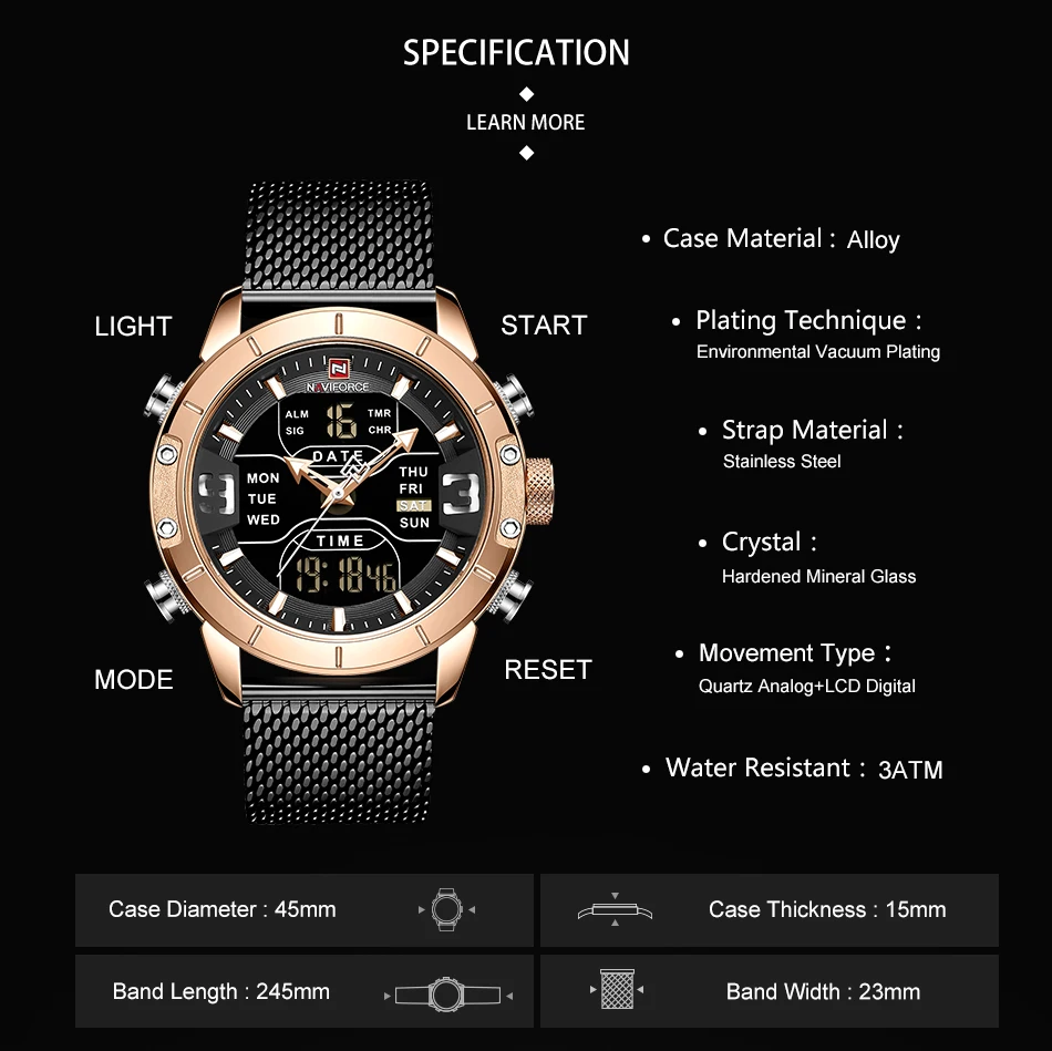 Мужские часы лучший бренд класса люкс NAVIFORCE 9153 светодиодный Секундомер спортивные военные водонепроницаемые наручные часы со стальным ремешком Мужские часы