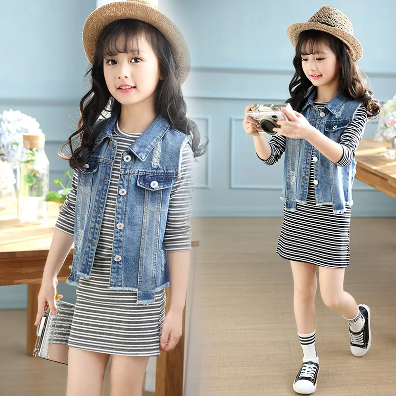 Новинка 2017 одежда для девочек рубашка в полоску с длинным рукавом + джинсовый