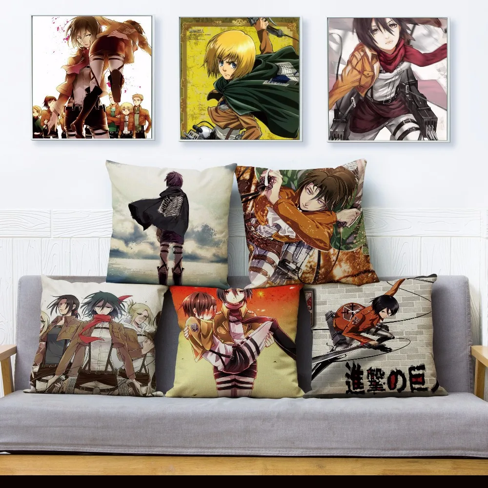 Japan Anime Attack on Titan Print Pillow Cover 45*45cm Textile Cushion Cover Linen Pillow Case Car Sofa Home Decor Pillows Cases