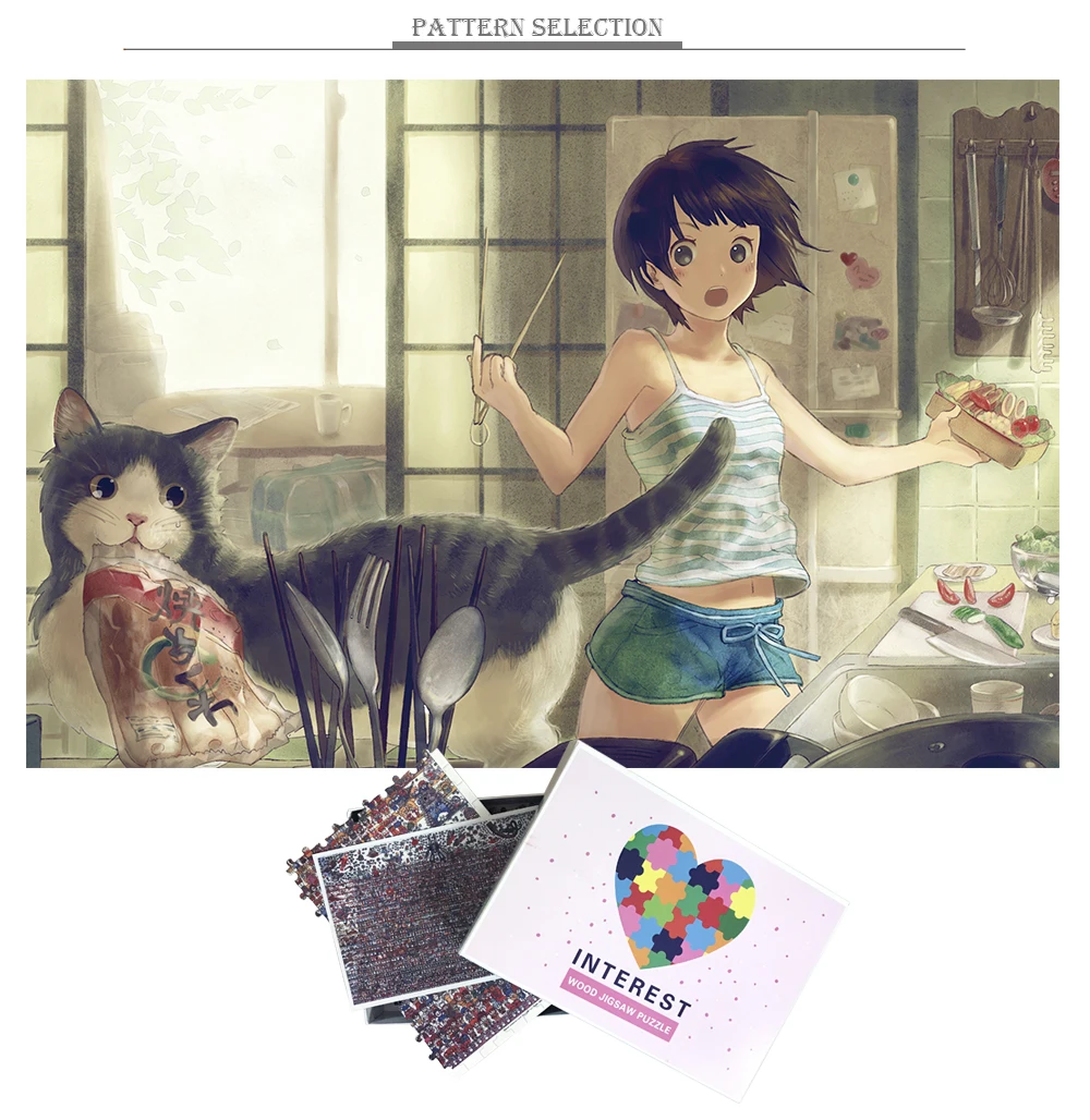 MOMEMO Girl and Cat Puzzle 1000 Pieces Adults Wooden Jigsaw Puzzles Relax Brain Puzzle Toys Cartoon Puzzle 1000 Piezas Adulto