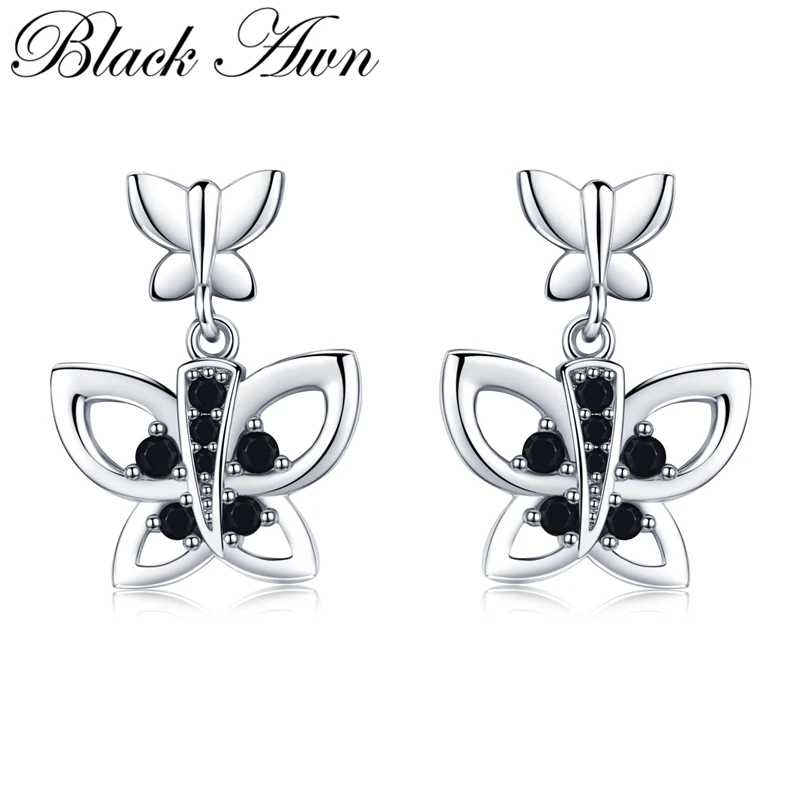 

[BLACK AWN] Cute Natural Butterfly Silver Color Jewelry Drop Earrings for Women Boucle D'oreille I117