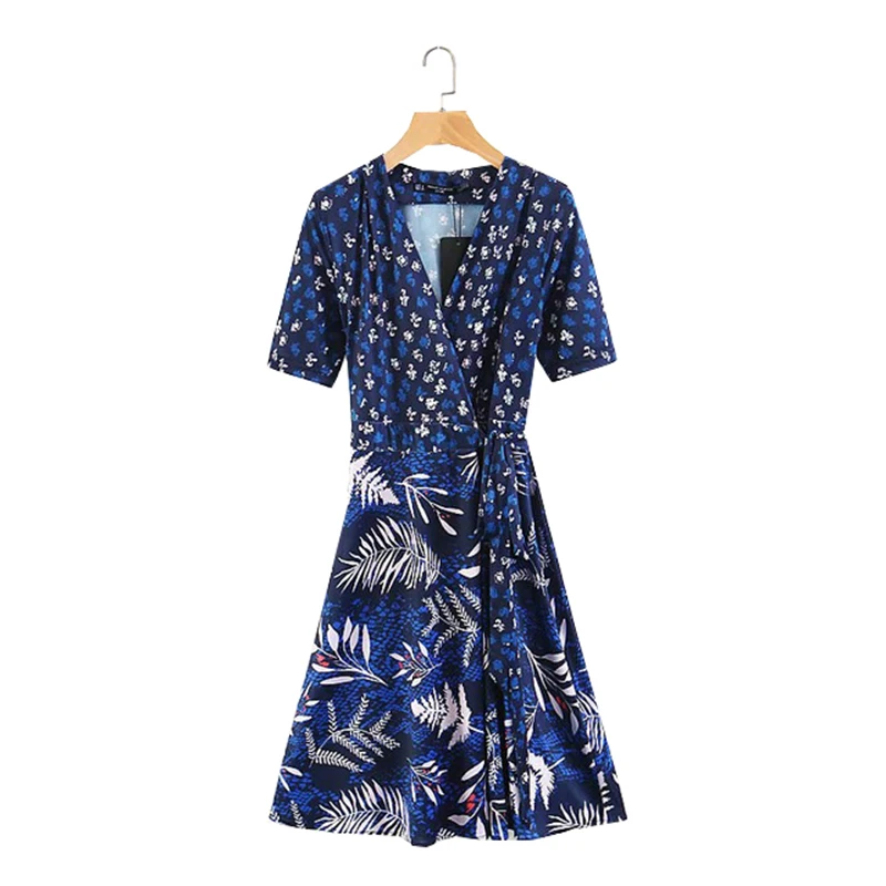 Летние женские Лоскутные темно синие платье для женщин Высокая талия V средства