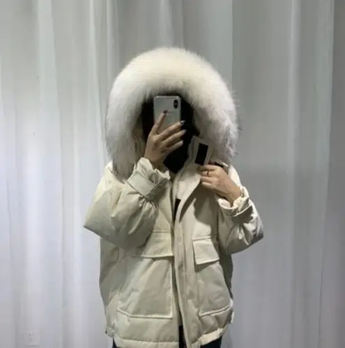 Real Fur Большой натуральный мех енота воротник с капюшоном женские белые пуховики Свободные Теплые утепленные парки для женщин зимняя куртка для женщин - Цвет: Real Fur
